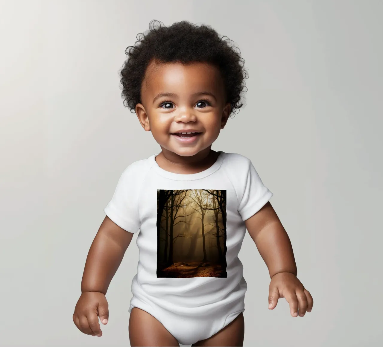 forest with sunlight filtering through trees short-sleeve baby romper by DesignDoodle