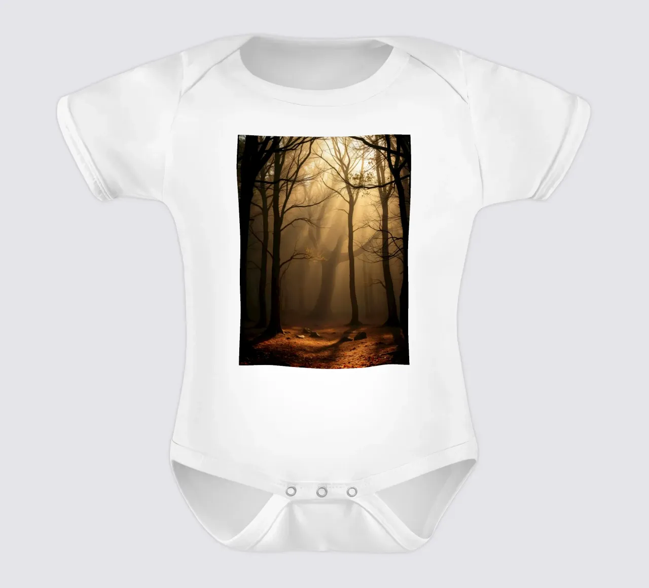 forest with sunlight filtering through trees short-sleeve baby romper by DesignDoodle