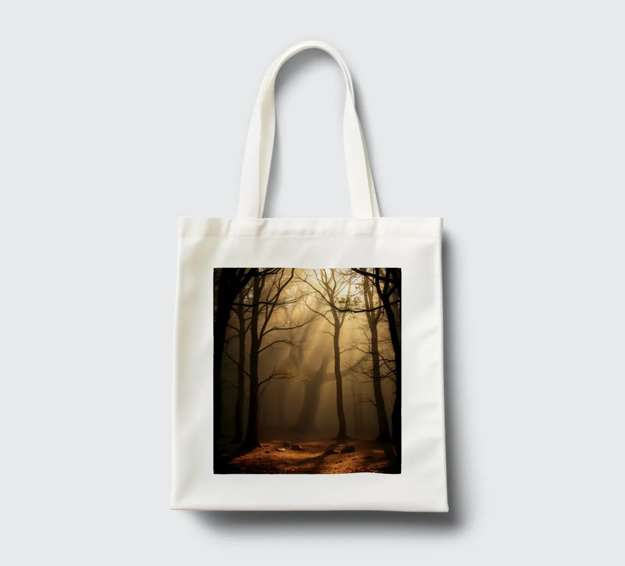 forest with sunlight filtering through trees tote bag by DesignDoodle