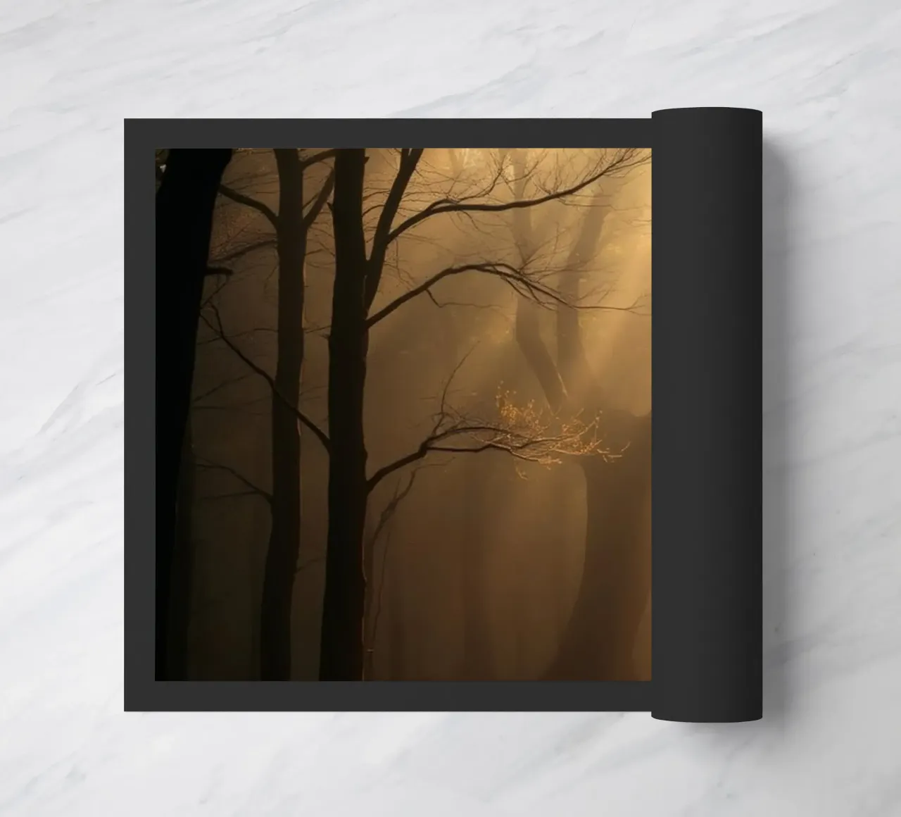 forest with sunlight filtering through trees doormat by DesignDoodle