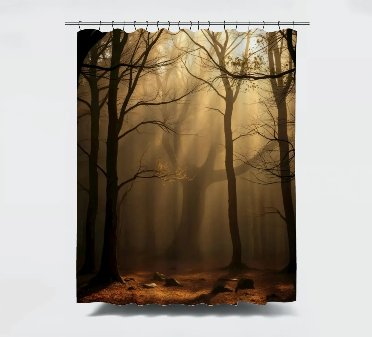 forest with sunlight filtering through trees shower curtain by DesignDoodle