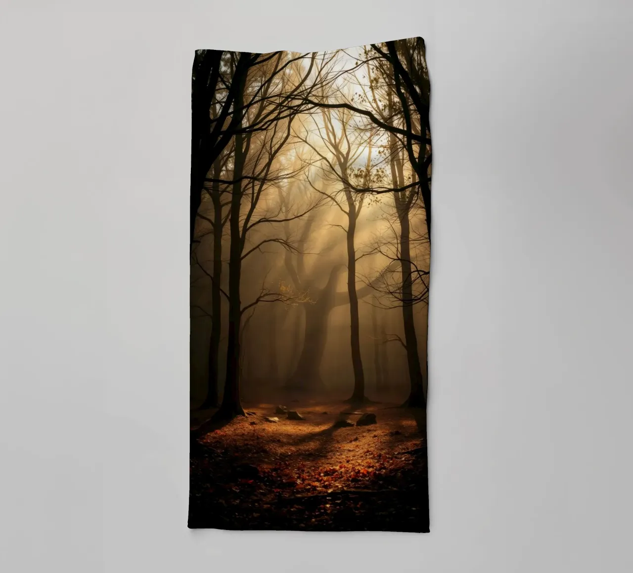 forest with sunlight filtering through trees towel by DesignDoodle
