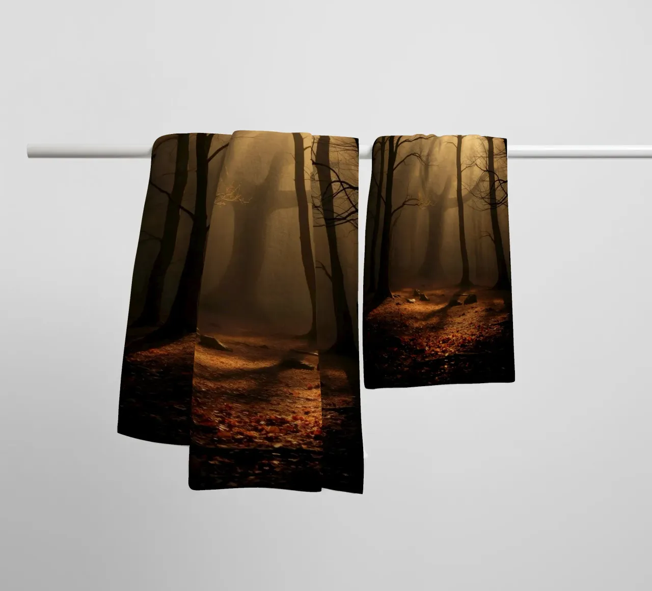 forest with sunlight filtering through trees towel by DesignDoodle
