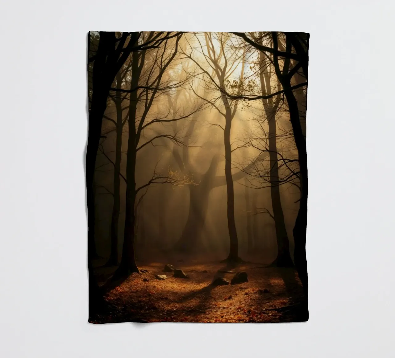 forest with sunlight filtering through trees fleece blanket by DesignDoodle