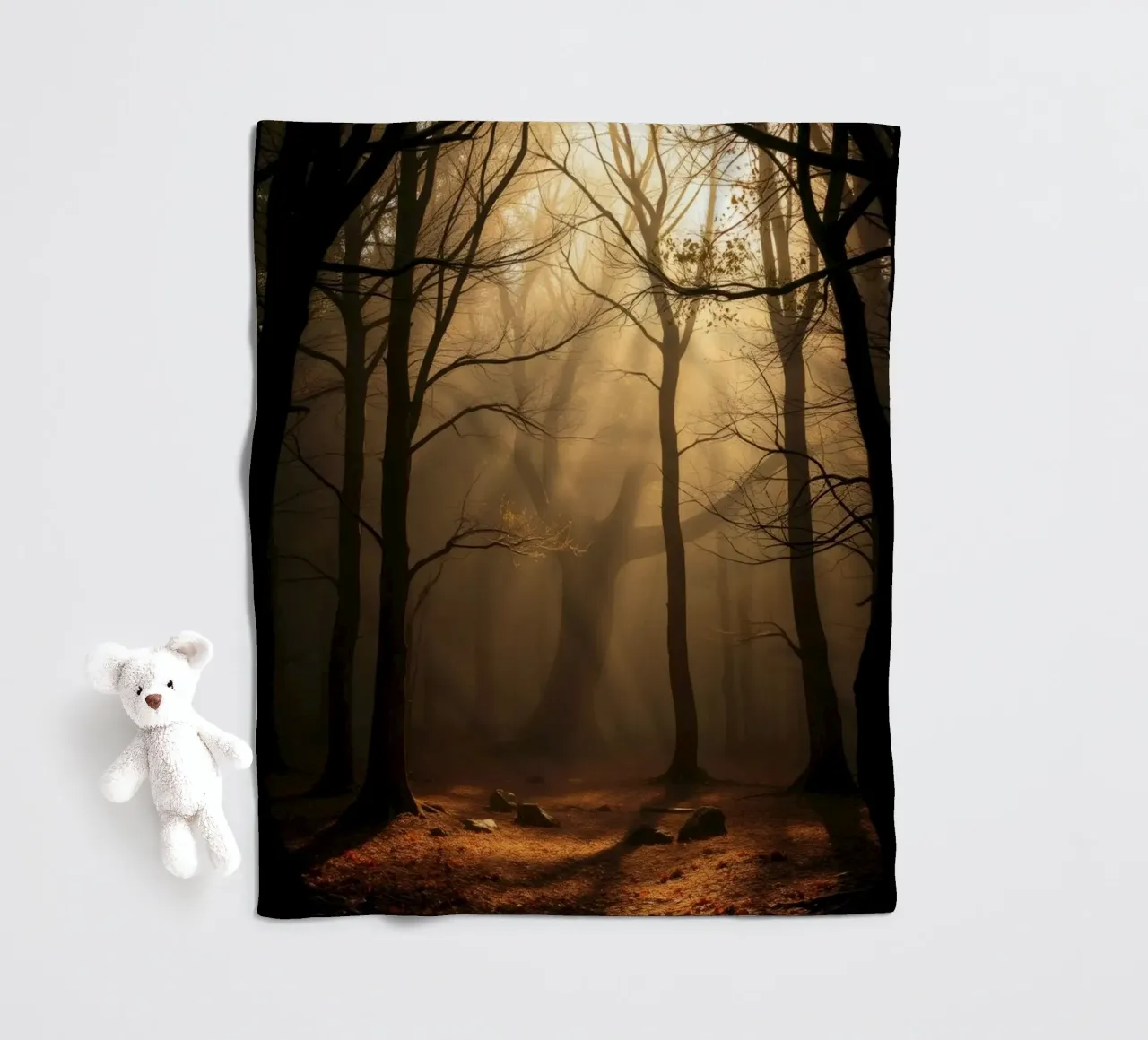 forest with sunlight filtering through trees fleece blanket by DesignDoodle
