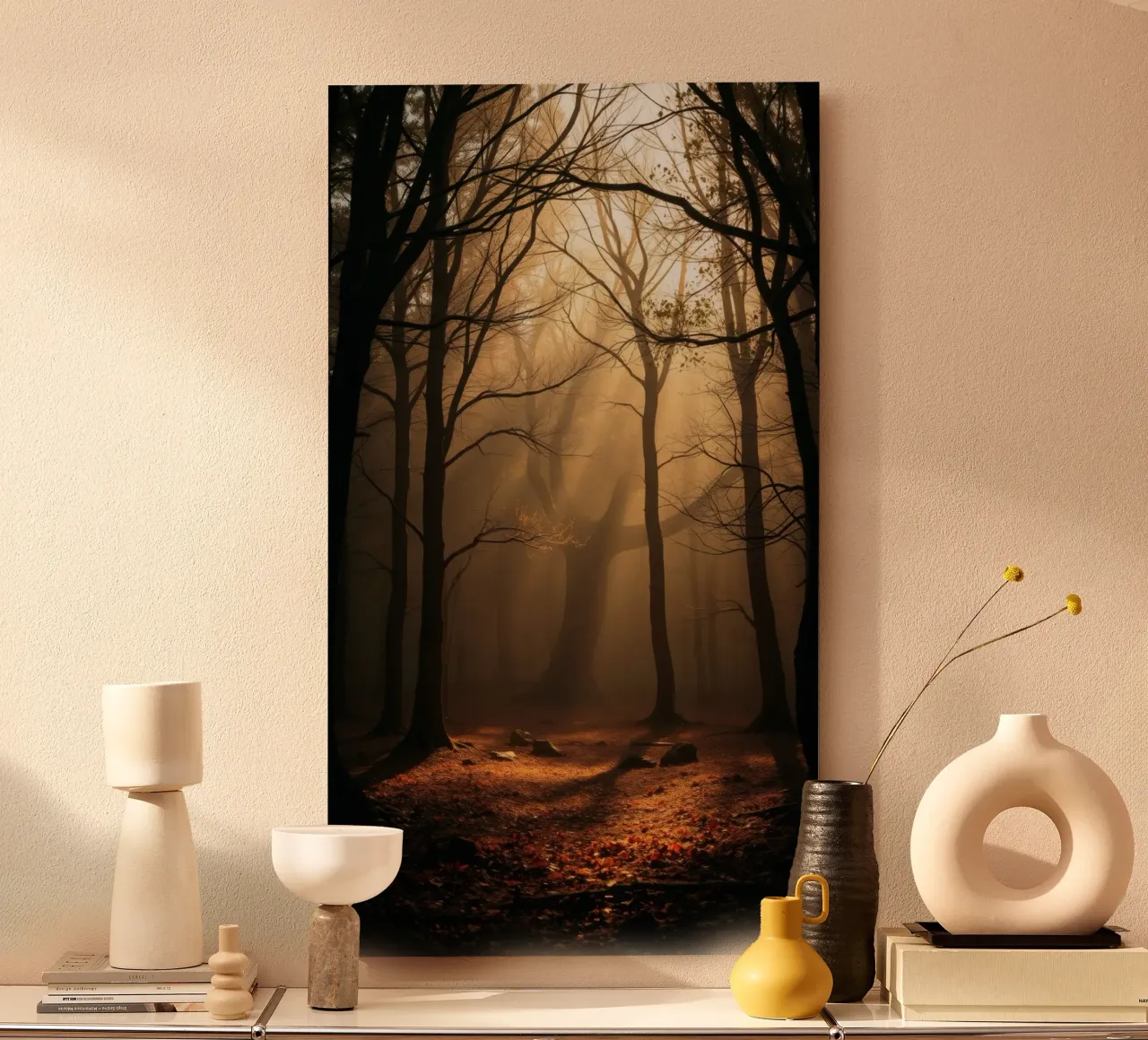 forest with sunlight filtering through trees alu-dibond by DesignDoodle