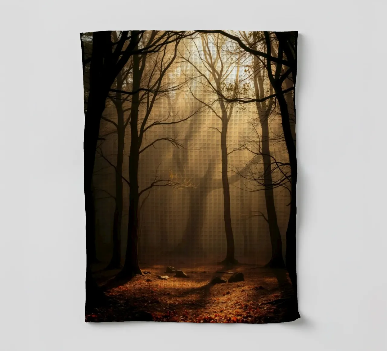 forest with sunlight filtering through trees tea towel by DesignDoodle