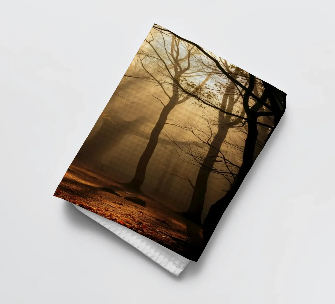 forest with sunlight filtering through trees tea towel by DesignDoodle