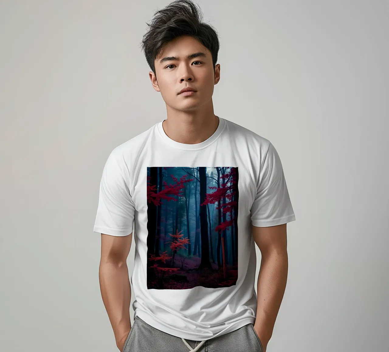 Lebendiger Herbstwald mit rotem Laub und nebliger Atmosphäre T-Shirt von DesignDoodle