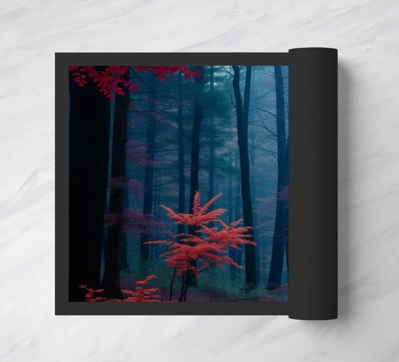 Vibrant autumn forest with red foliage and misty atmosphere doormat by DesignDoodle