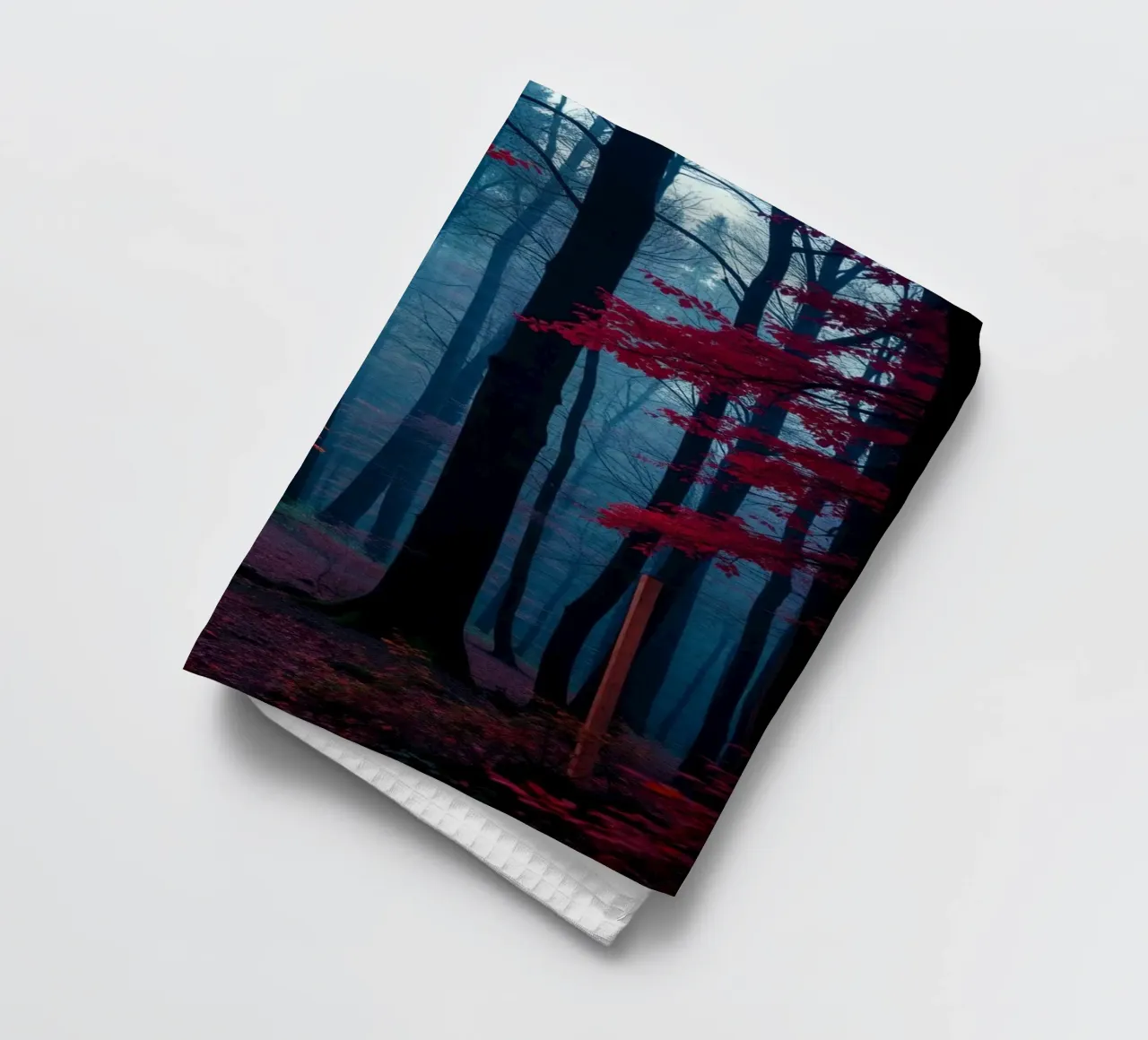Vibrante foresta autunnale con fogliame rosso e atmosfera nebbiosa canovaccio da cucina da DesignDoodle