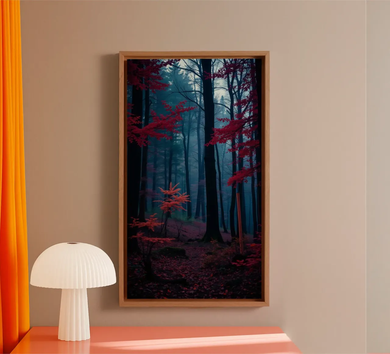 Vibrant autumn forest with red foliage and misty atmosphere canvas by DesignDoodle