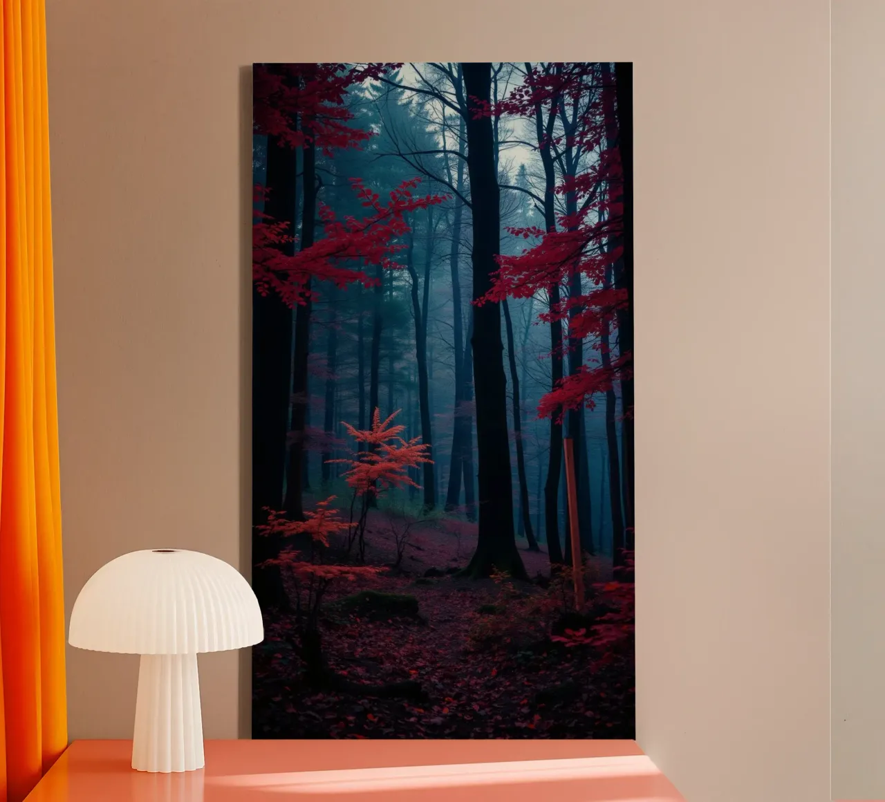 Vibrant autumn forest with red foliage and misty atmosphere canvas by DesignDoodle