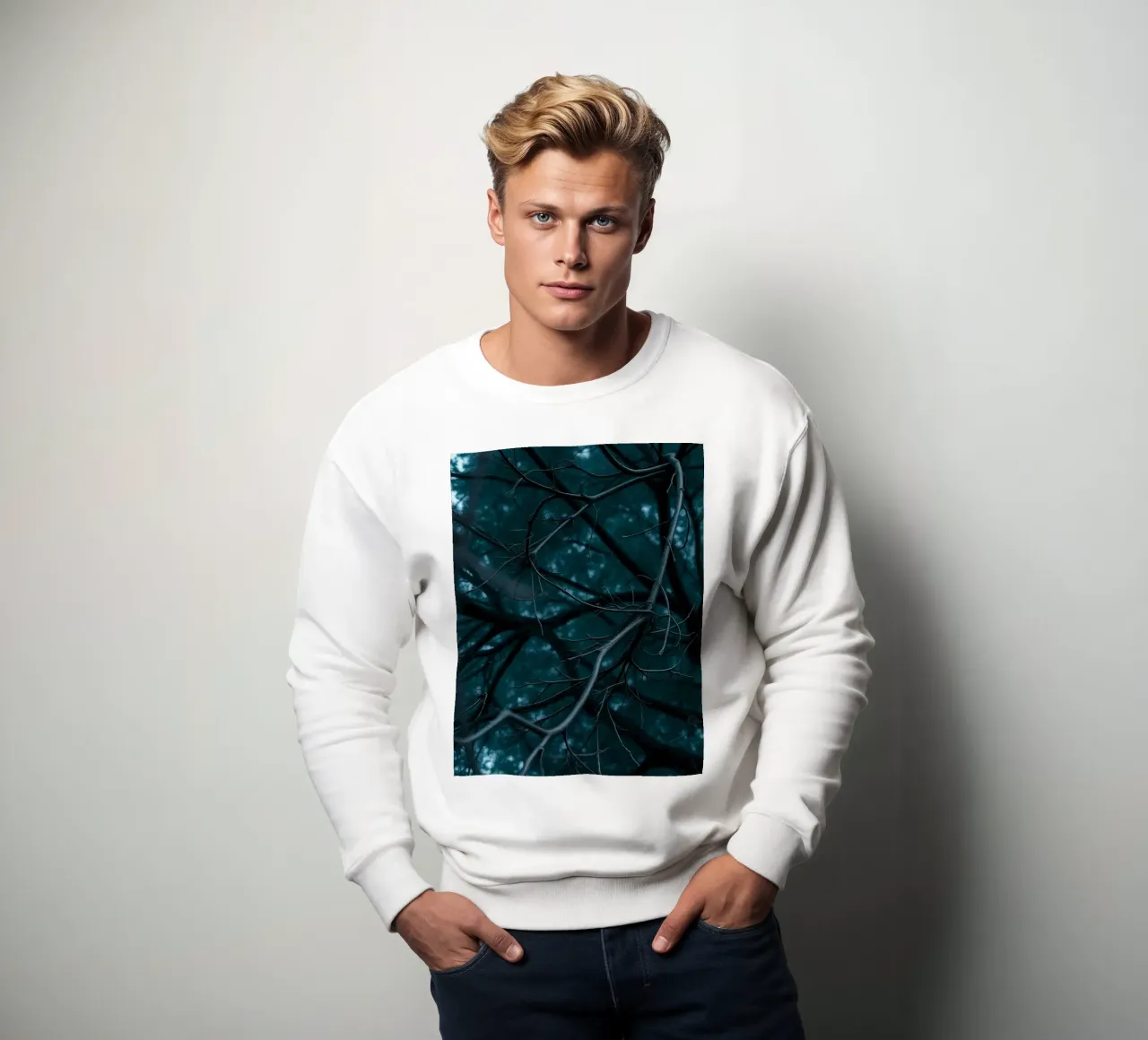 Branches intertwine against a dark, moody backdrop sweatshirt by DesignDoodle