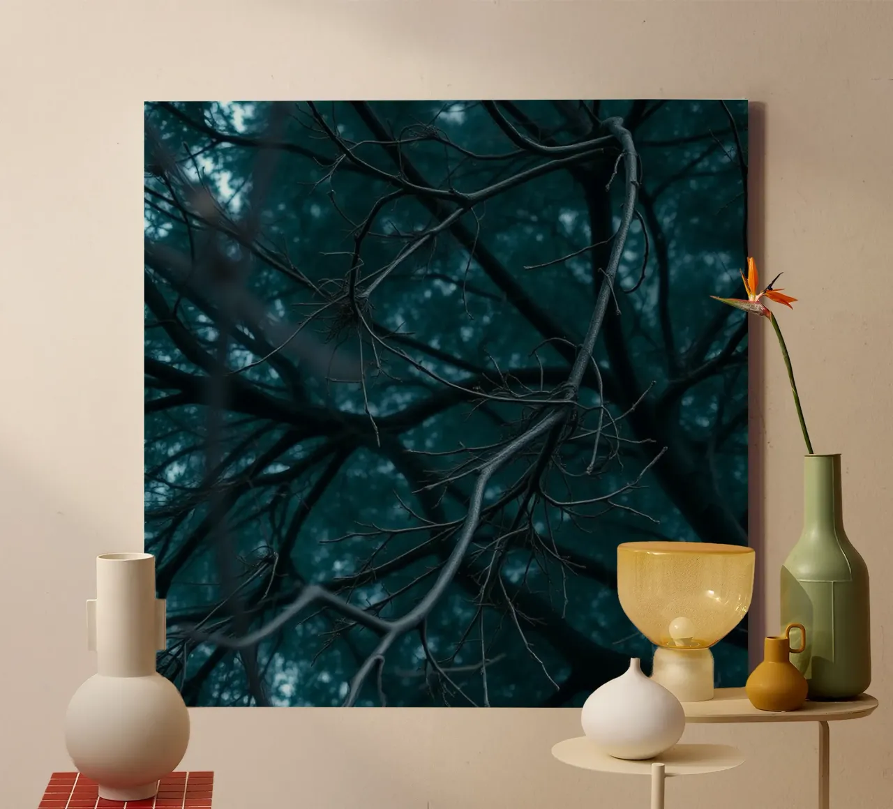 Branches intertwine against a dark, moody backdrop canvas by DesignDoodle