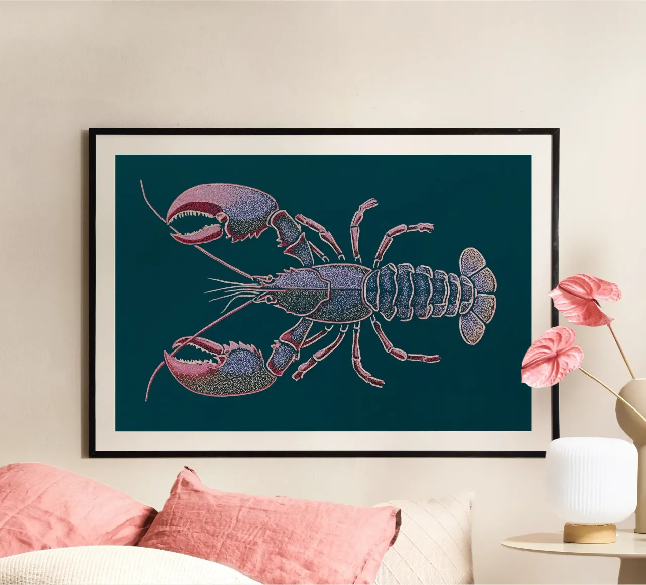 Lobster, shells and claws poster with wooden frame by Carinaprint