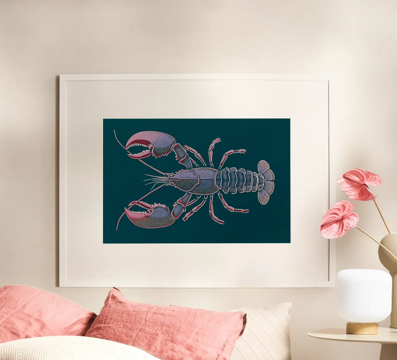 Lobster, shells and claws poster with wooden frame by Carinaprint