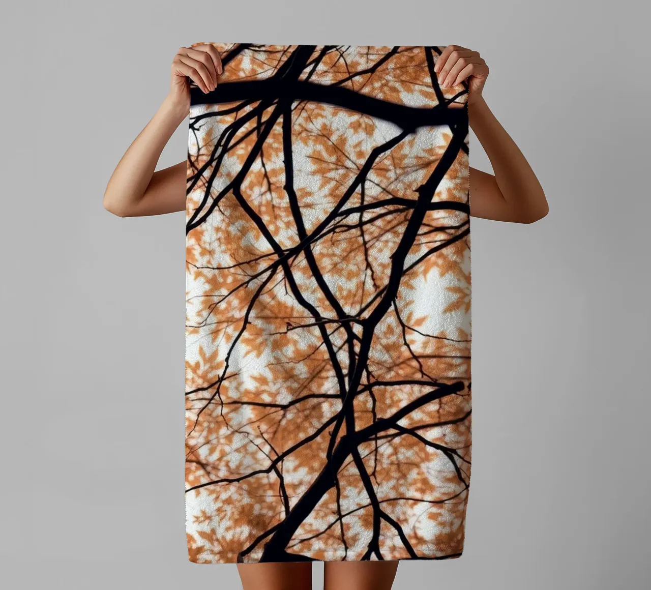 abstract beauty with orange leaves and intertwined branches towel by DesignDoodle