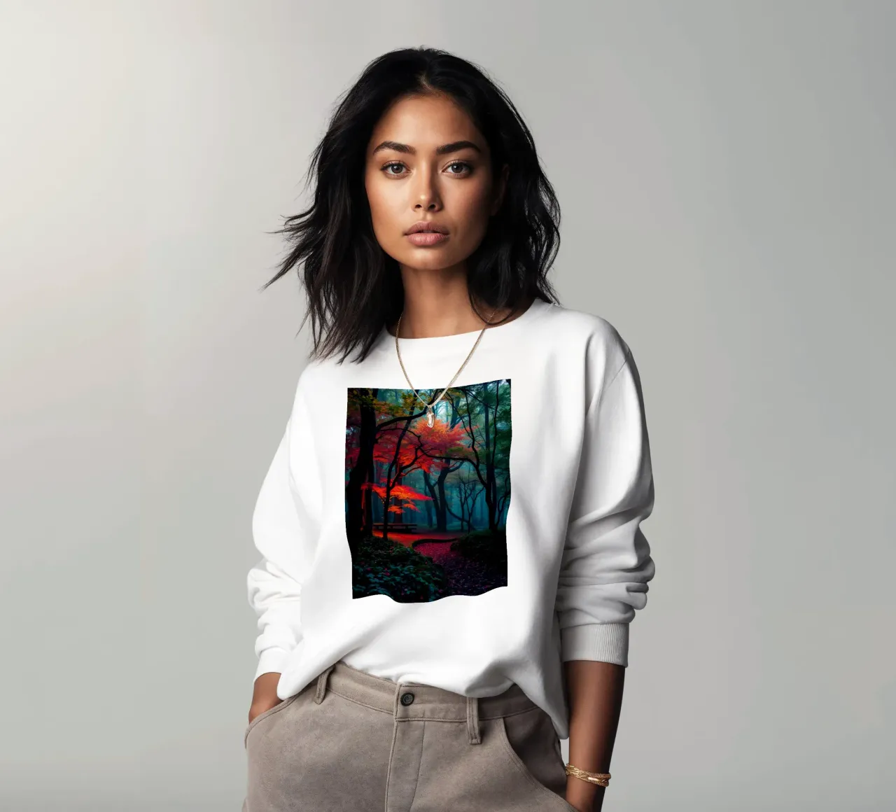 autumn foliage glows in a serene forest setting with misty sweatshirt by DesignDoodle