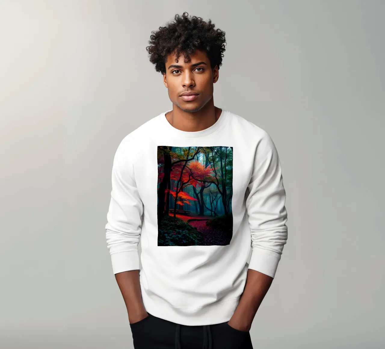 autumn foliage glows in a serene forest setting with misty sweatshirt by DesignDoodle