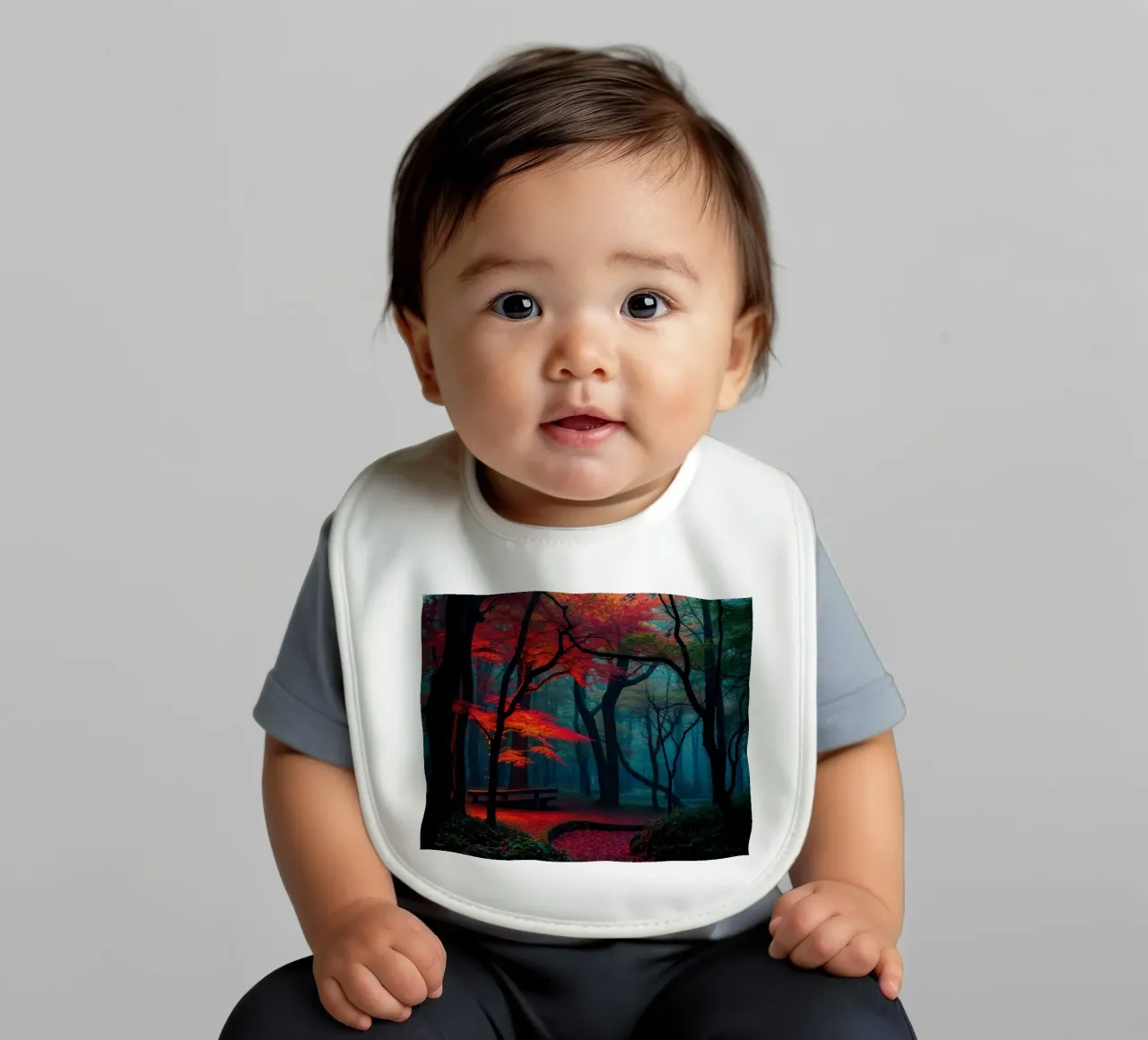 autumn foliage glows in a serene forest setting with misty baby bib by DesignDoodle