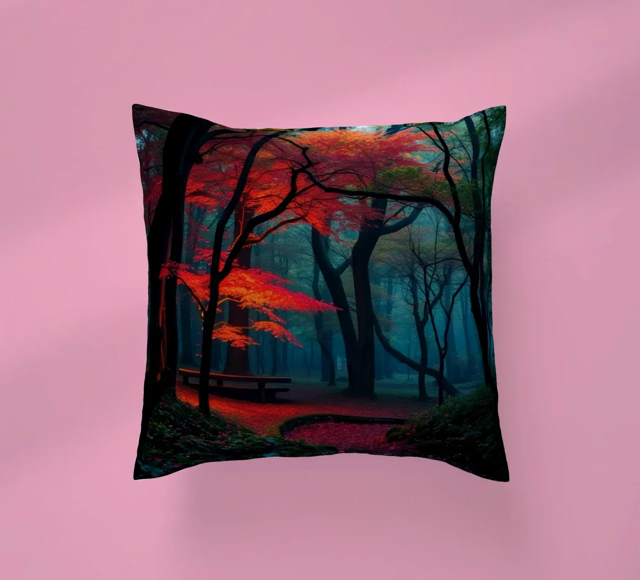 autumn foliage glows in a serene forest setting with misty decorative cushion by DesignDoodle