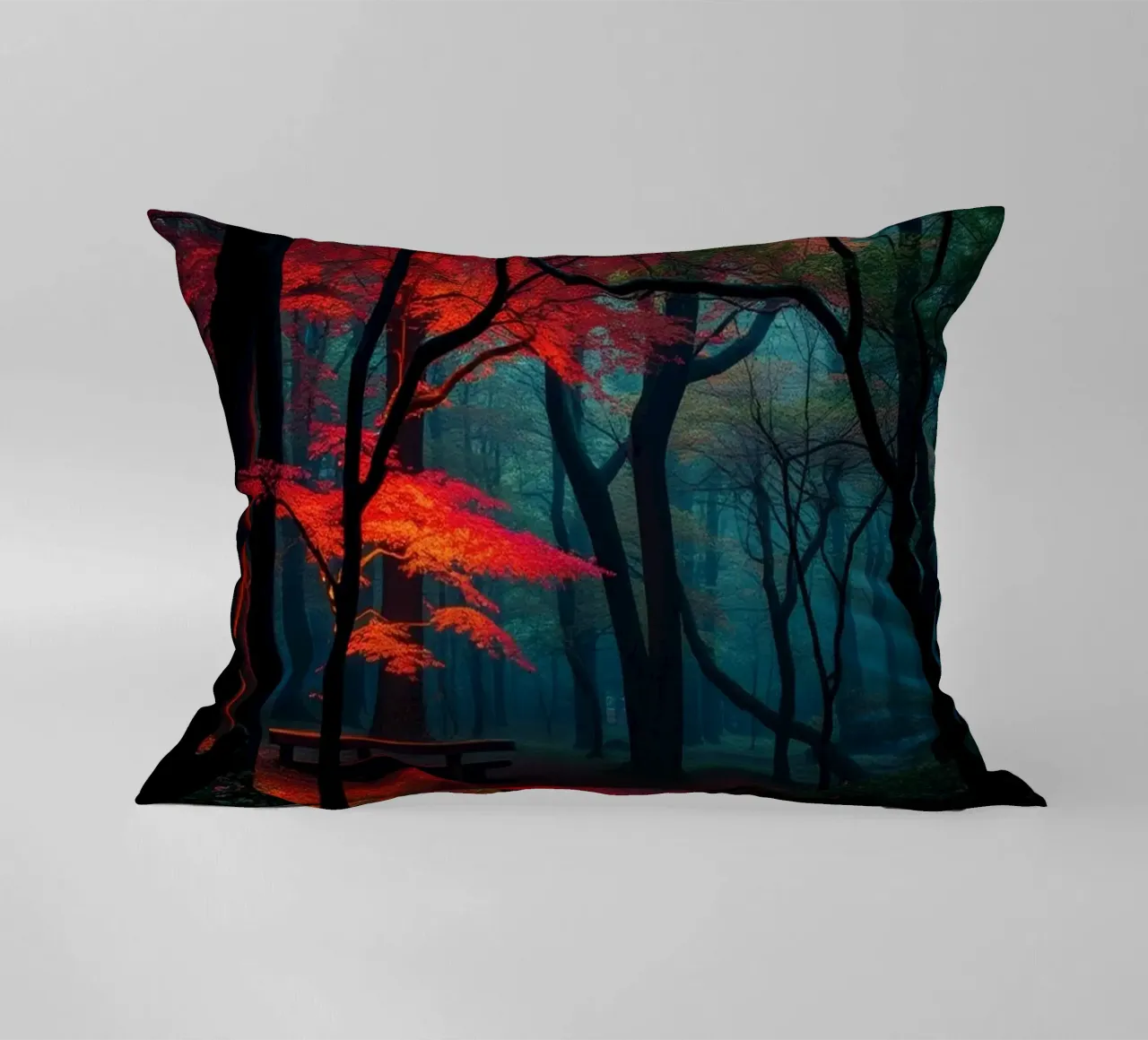 autumn foliage glows in a serene forest setting with misty decorative cushion by DesignDoodle