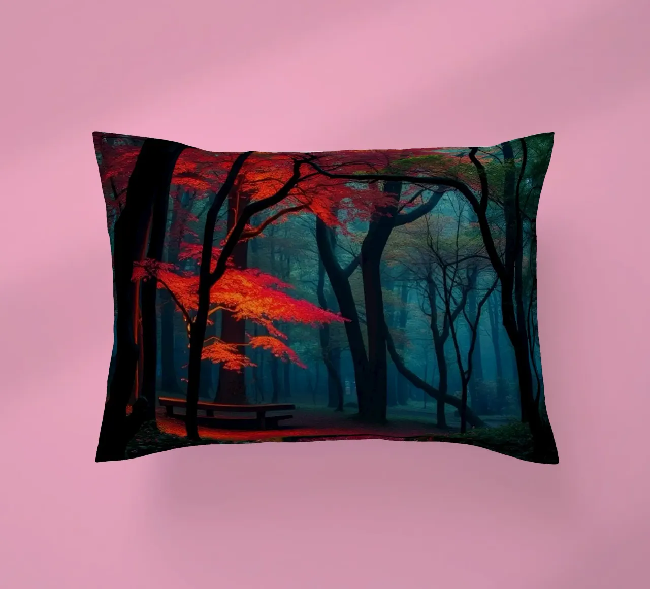autumn foliage glows in a serene forest setting with misty decorative cushion by DesignDoodle