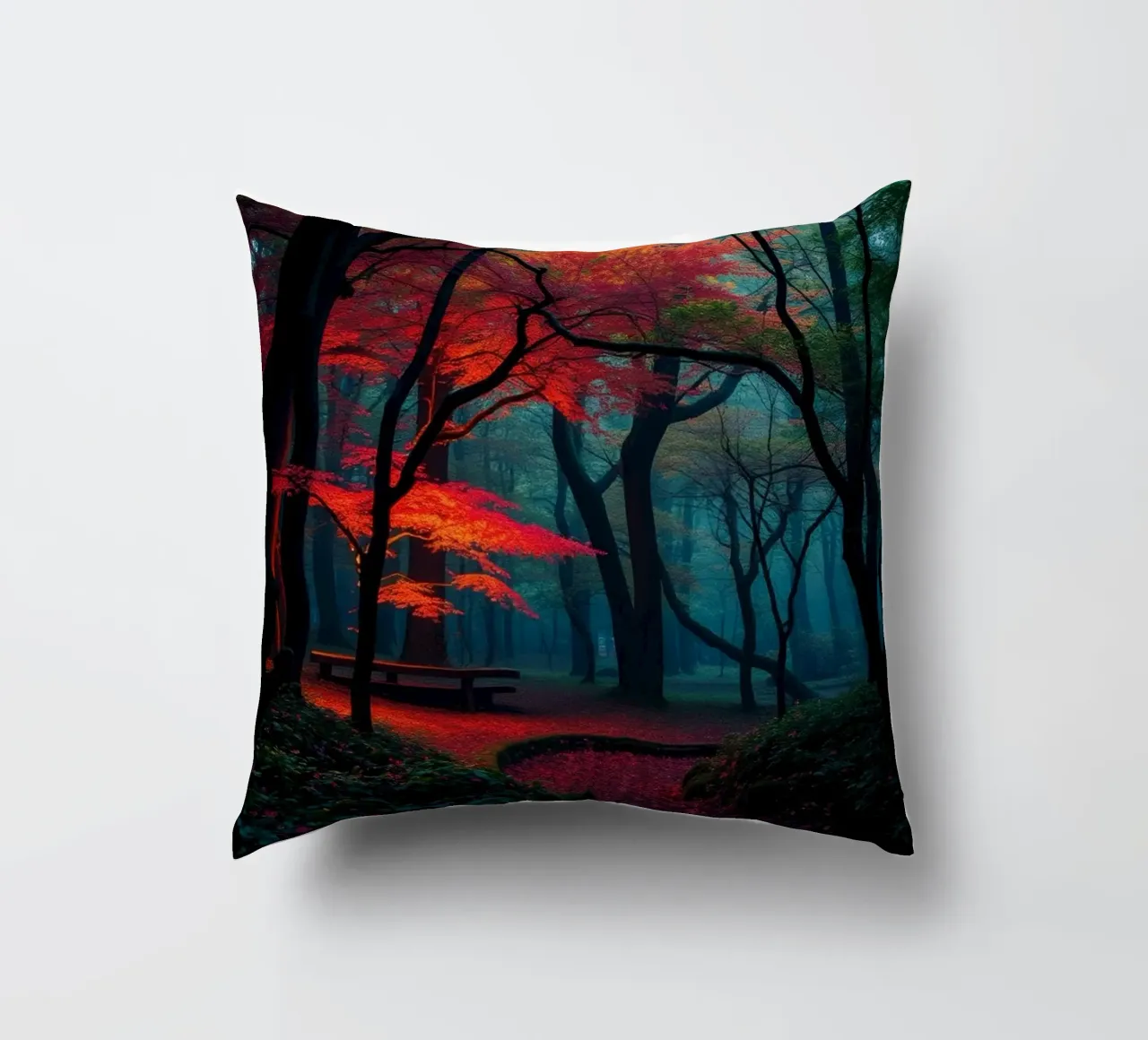 autumn foliage glows in a serene forest setting with misty decorative cushion by DesignDoodle