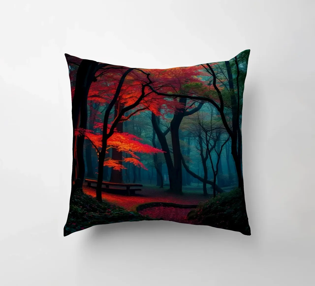 autumn foliage glows in a serene forest setting with misty decorative cushion by DesignDoodle