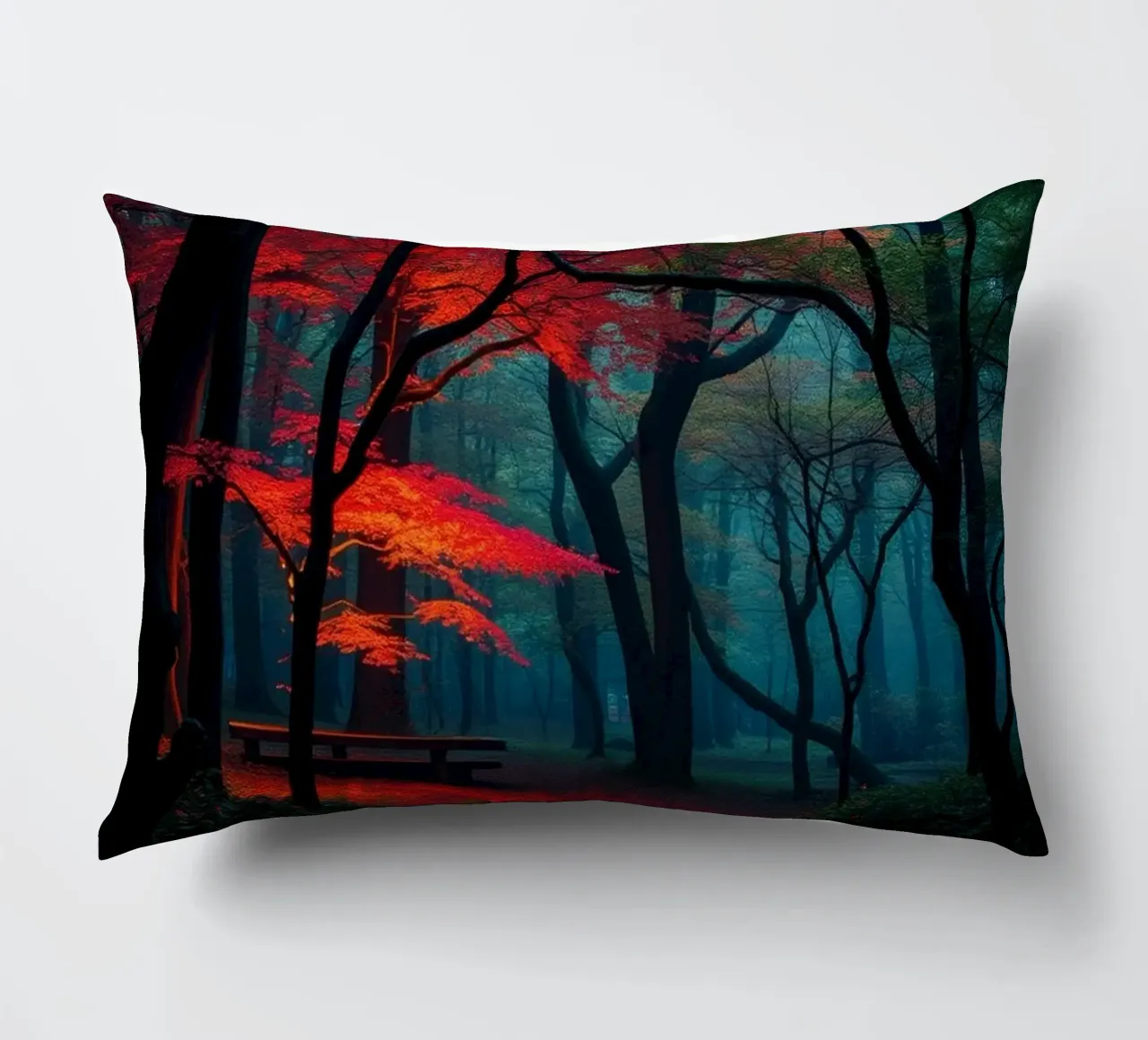 autumn foliage glows in a serene forest setting with misty decorative cushion by DesignDoodle
