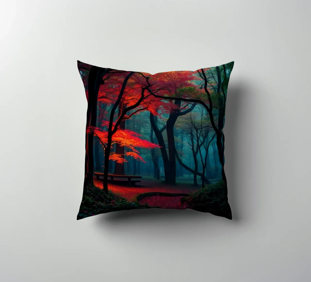 autumn foliage glows in a serene forest setting with misty decorative cushion by DesignDoodle