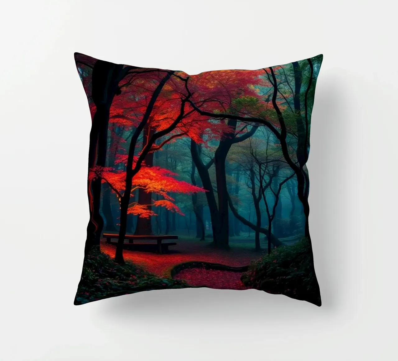 autumn foliage glows in a serene forest setting with misty decorative cushion by DesignDoodle