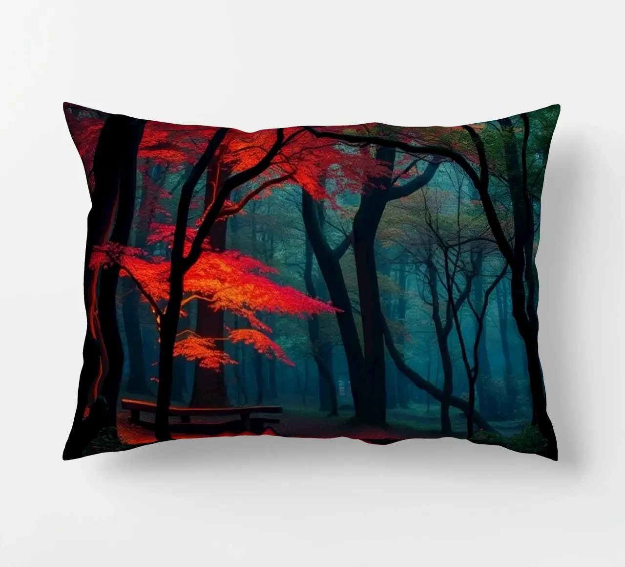 autumn foliage glows in a serene forest setting with misty decorative cushion by DesignDoodle