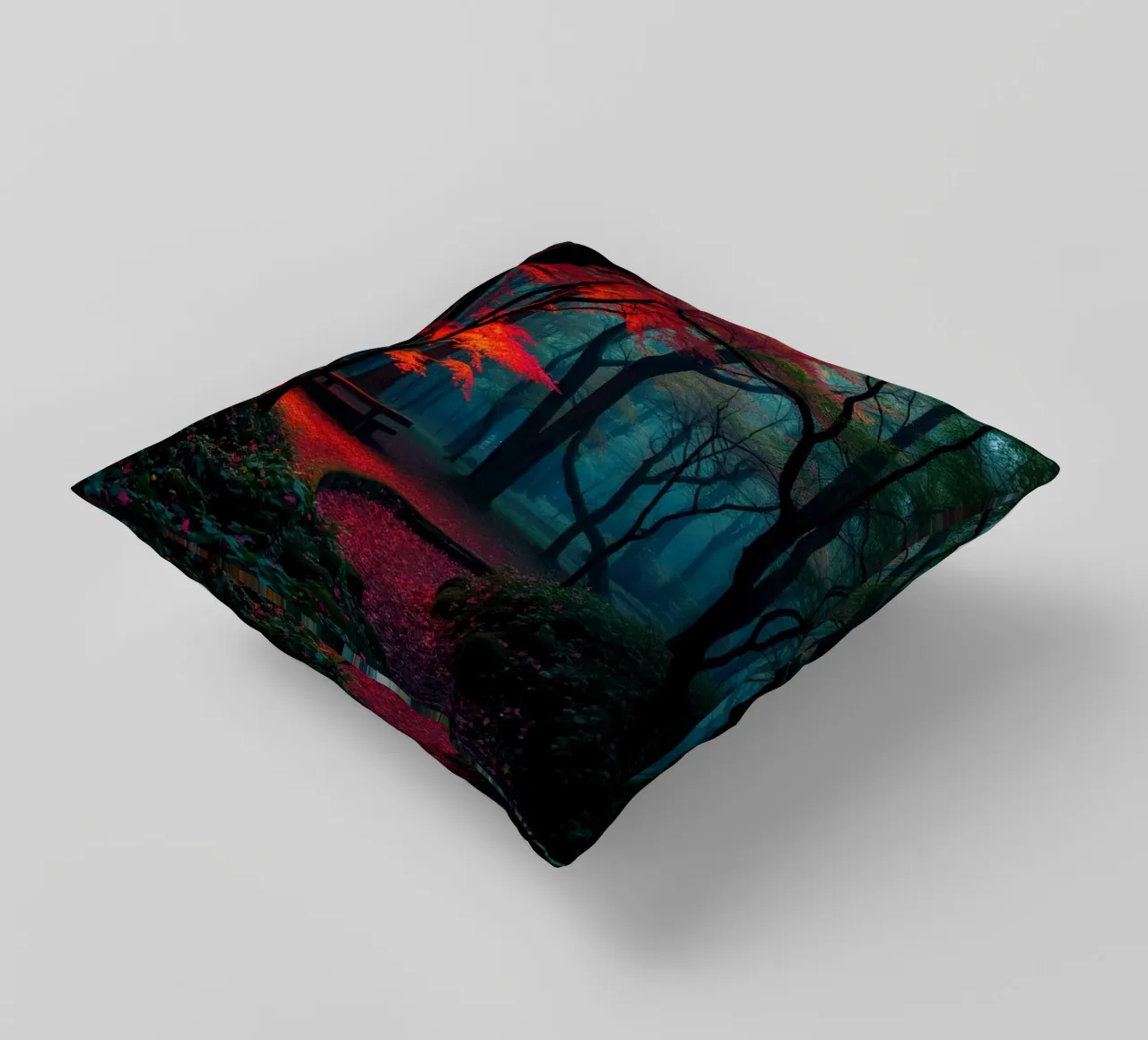 autumn foliage glows in a serene forest setting with misty decorative cushion by DesignDoodle