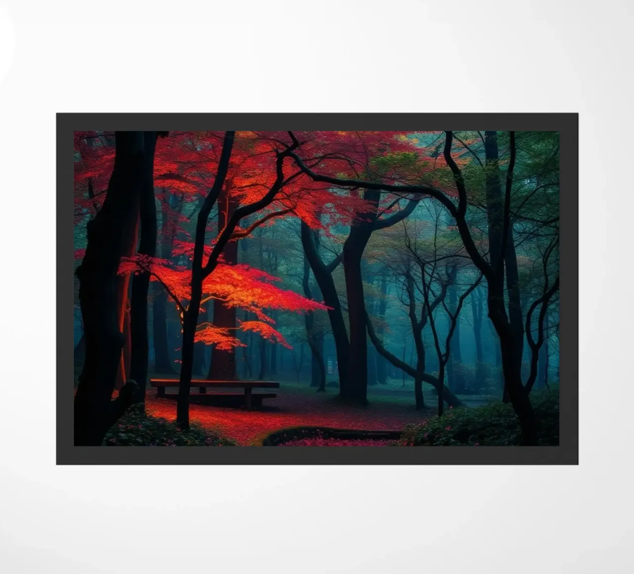 autumn foliage glows in a serene forest setting with misty doormat by DesignDoodle