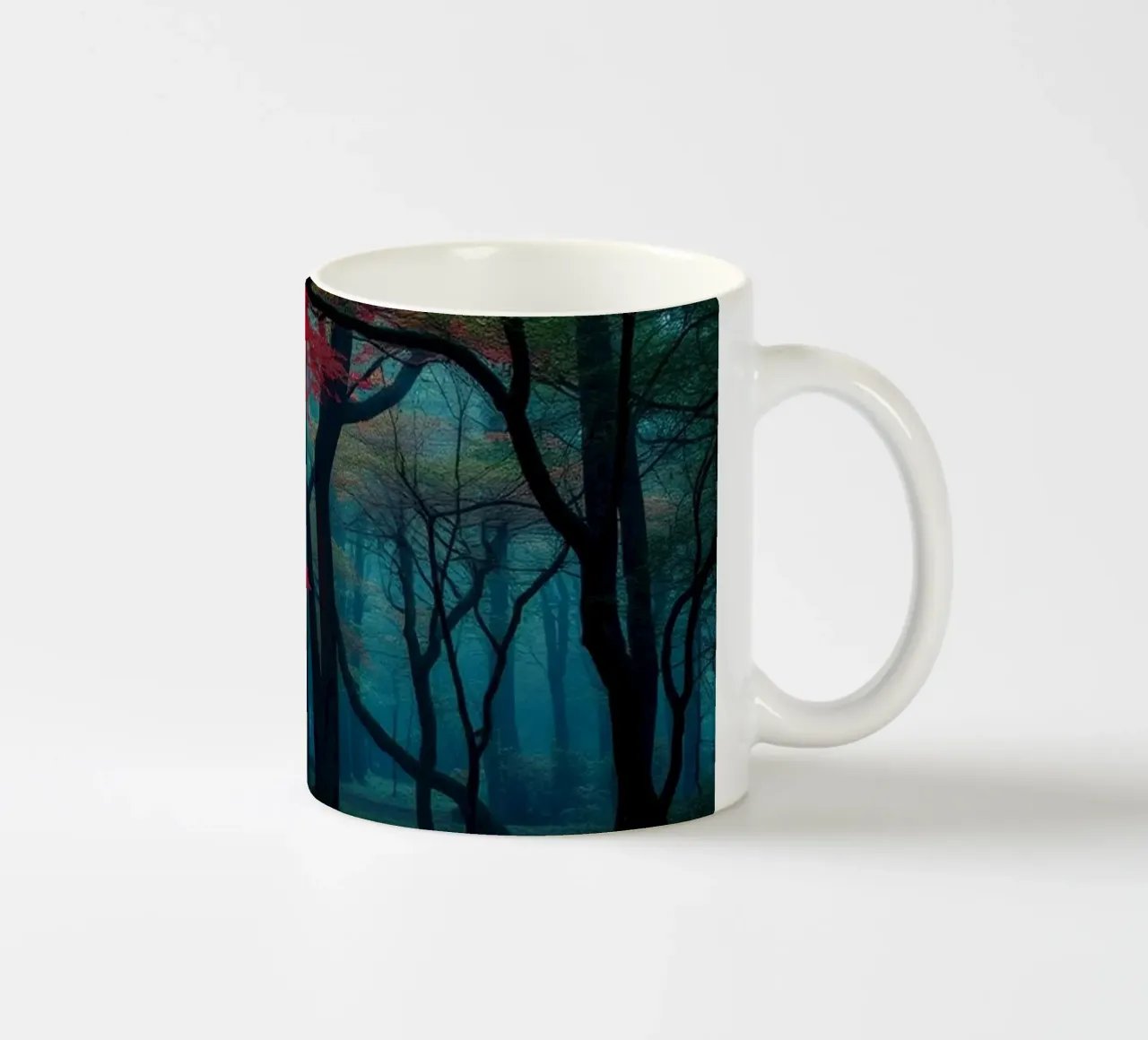 autumn foliage glows in a serene forest setting with misty ceramic mug by DesignDoodle