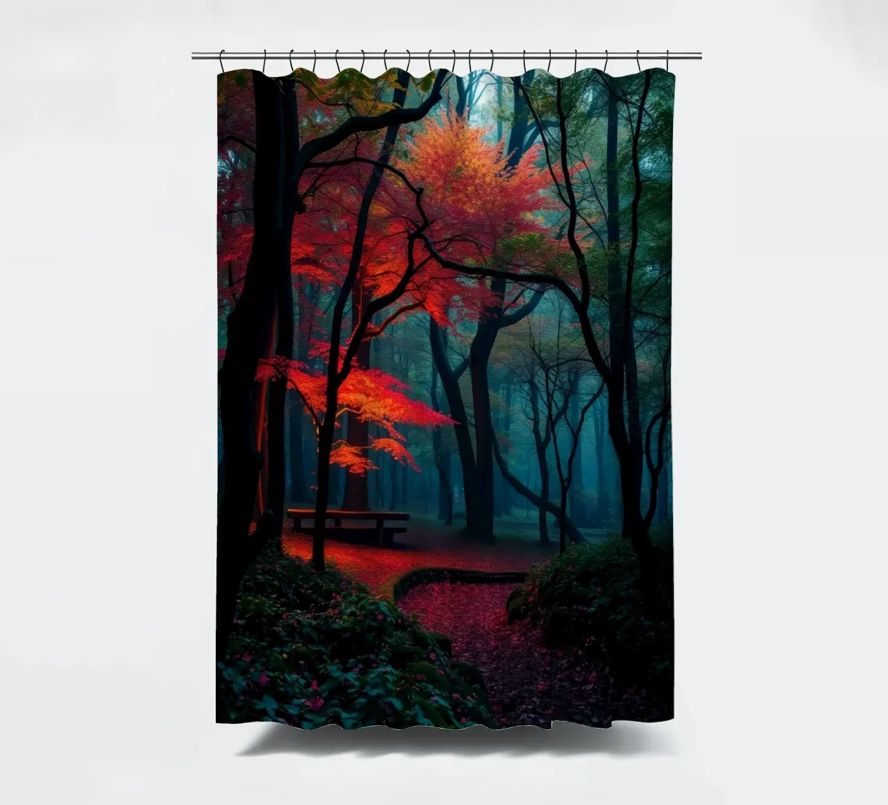 autumn foliage glows in a serene forest setting with misty shower curtain by DesignDoodle