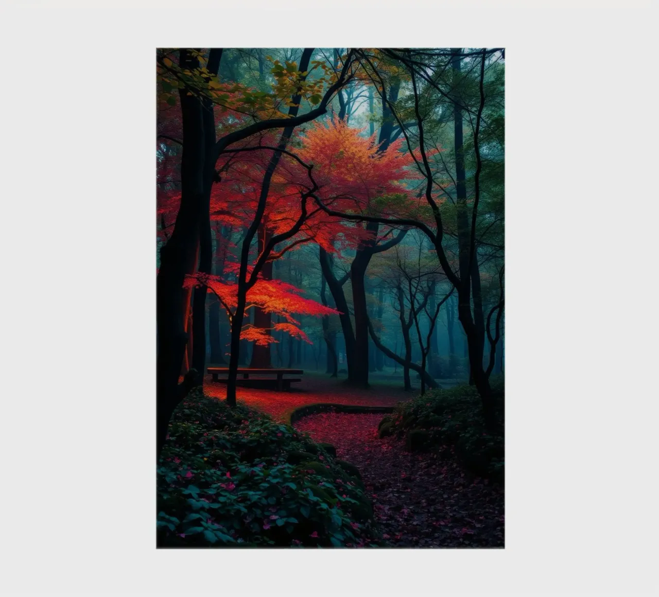 autumn foliage glows in a serene forest setting with misty notebook by DesignDoodle