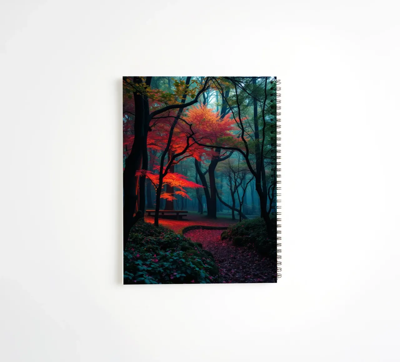 autumn foliage glows in a serene forest setting with misty spiral notebook by DesignDoodle