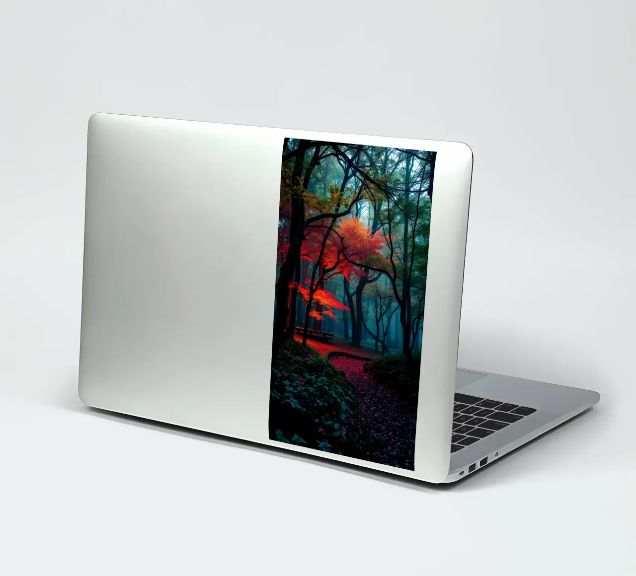autumn foliage glows in a serene forest setting with misty sticker by DesignDoodle