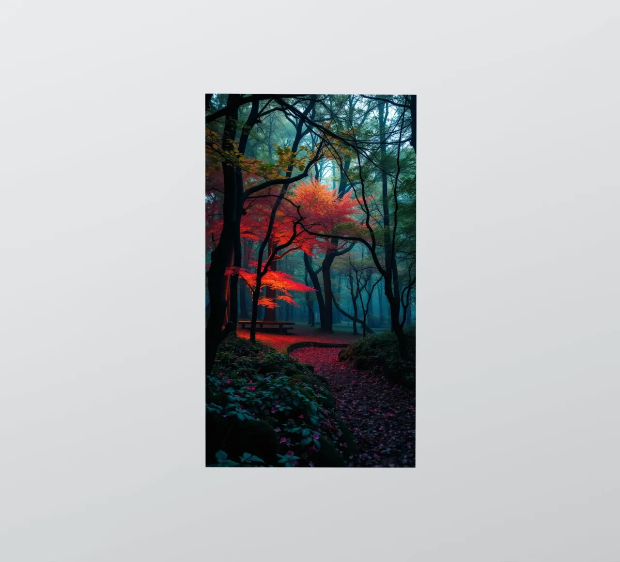 autumn foliage glows in a serene forest setting with misty sticker by DesignDoodle