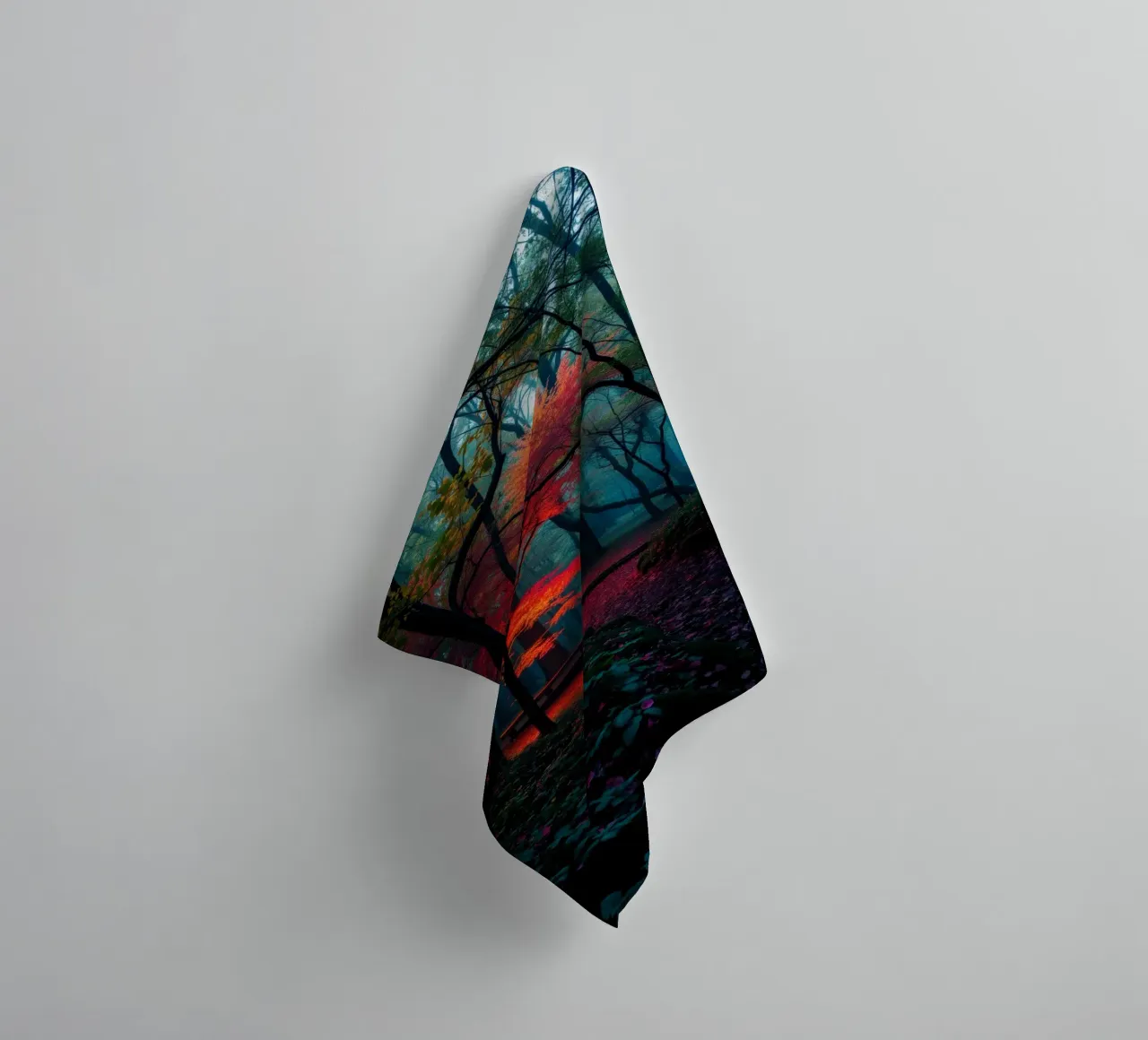 autumn foliage glows in a serene forest setting with misty towel by DesignDoodle