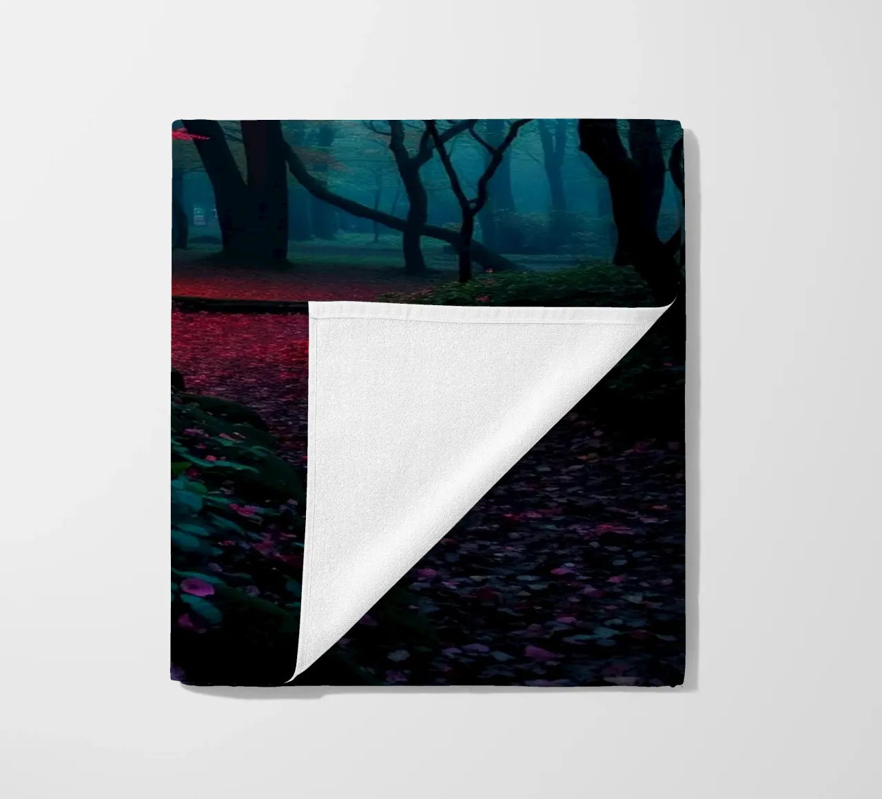 autumn foliage glows in a serene forest setting with misty beach towel by DesignDoodle