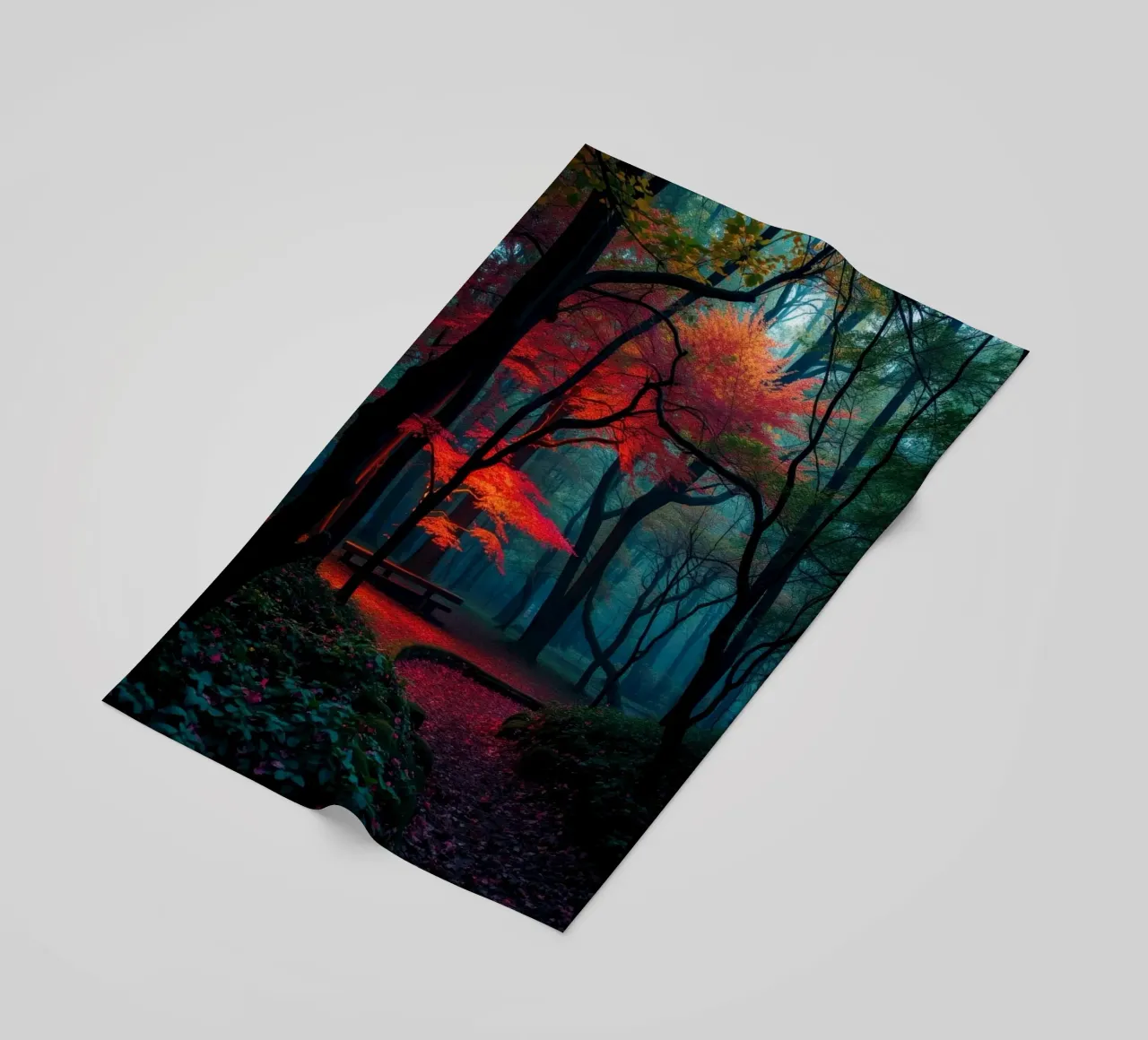 autumn foliage glows in a serene forest setting with misty beach towel by DesignDoodle
