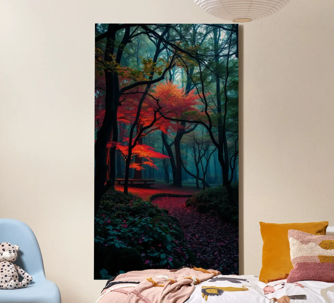 autumn foliage glows in a serene forest setting with misty canvas by DesignDoodle