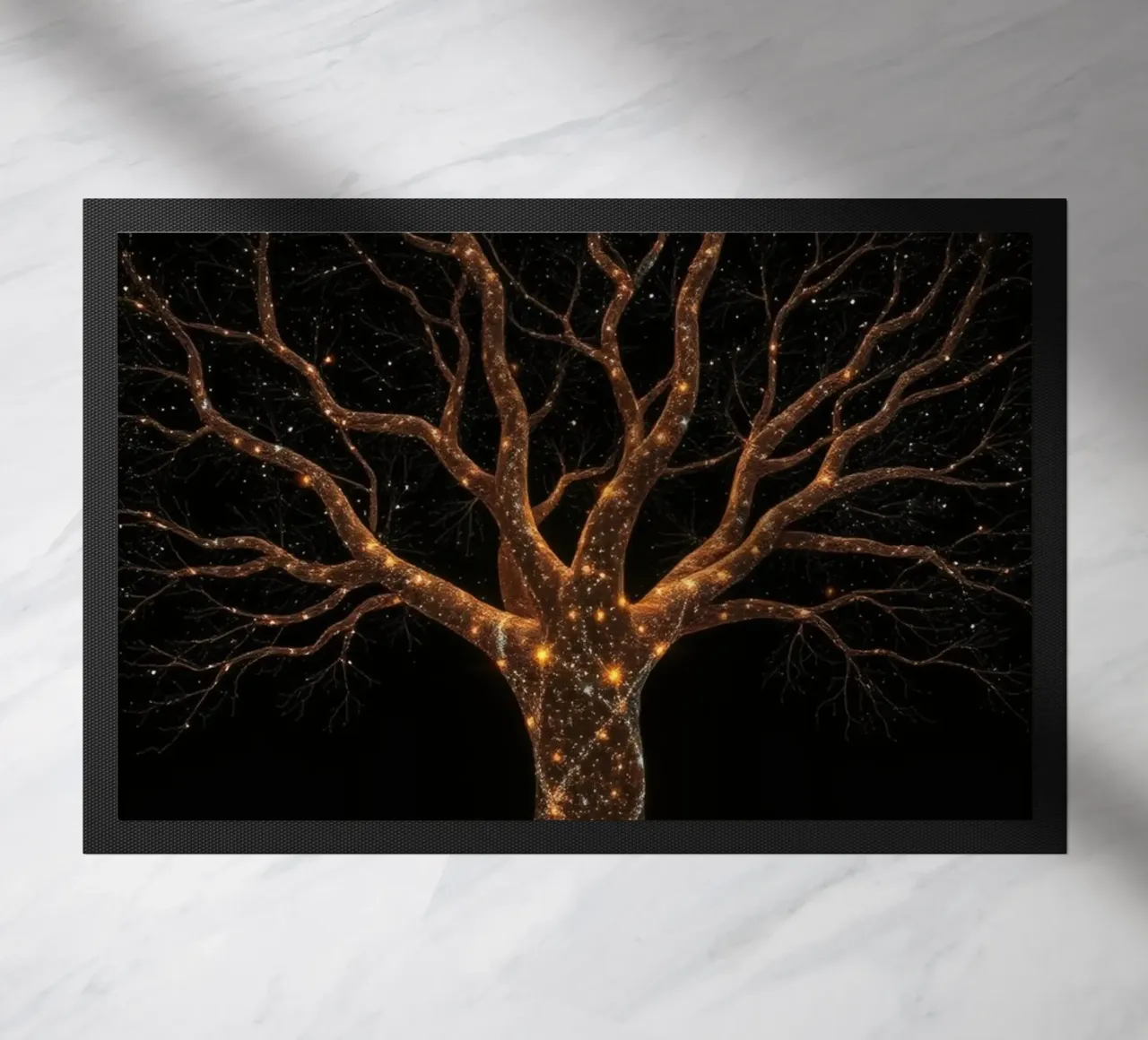 Unique abstract tree design illuminated by sparkling lights doormat by DesignDoodle