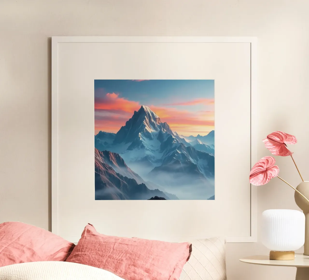 Un paysage de montagne à couper le souffle, avec des cieux éclatants et une atmosphère sereine. poster de DesignDoodle