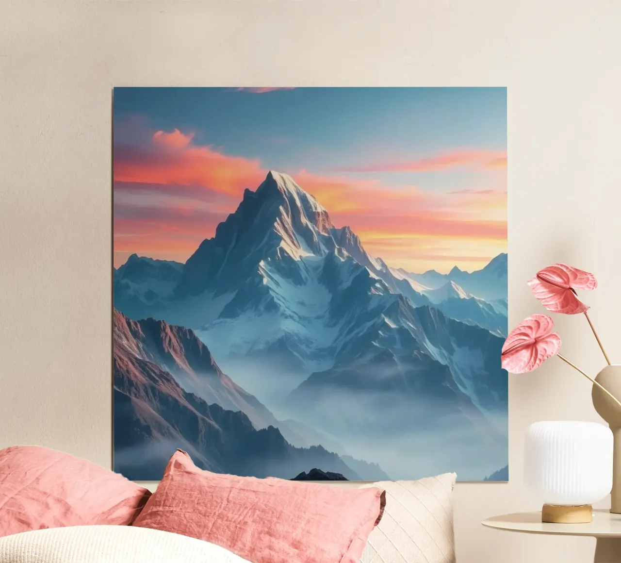 Un paysage de montagne à couper le souffle, avec des cieux éclatants et une atmosphère sereine. poster de DesignDoodle