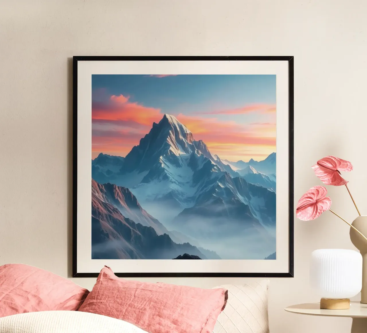 Un paysage de montagne à couper le souffle, avec des cieux éclatants et une atmosphère sereine. poster de DesignDoodle